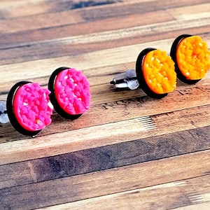hot pink stud earrings, neon studs, druzy stud earrings, teen gift, christmas gift, under 10, orange studs