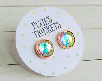 Rose gold stud earrings, rainbow earrings, opalescent earrings, post earrings, gift for women, under 20, gift for teens, under 10