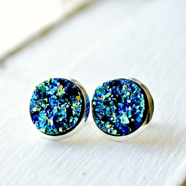 druzy stud earrings, post earrings, boho jewelry, moon earrings, gift for her, under 10, girlfriend gift