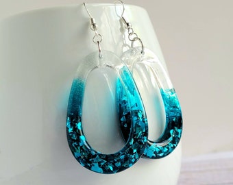 teal sparkle drop earrings, resin jewelry, hoop earrings, glitter jewelry, gift for her, under 20, resin hoops, sparkle jewelry