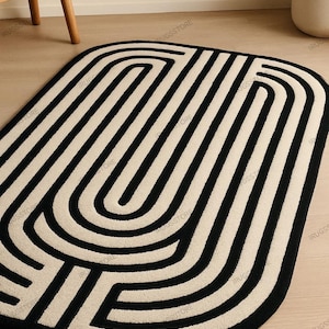 Black and Ivory Maze Rug: Hand-Tufted Wool Blend, Mid-Century Modern