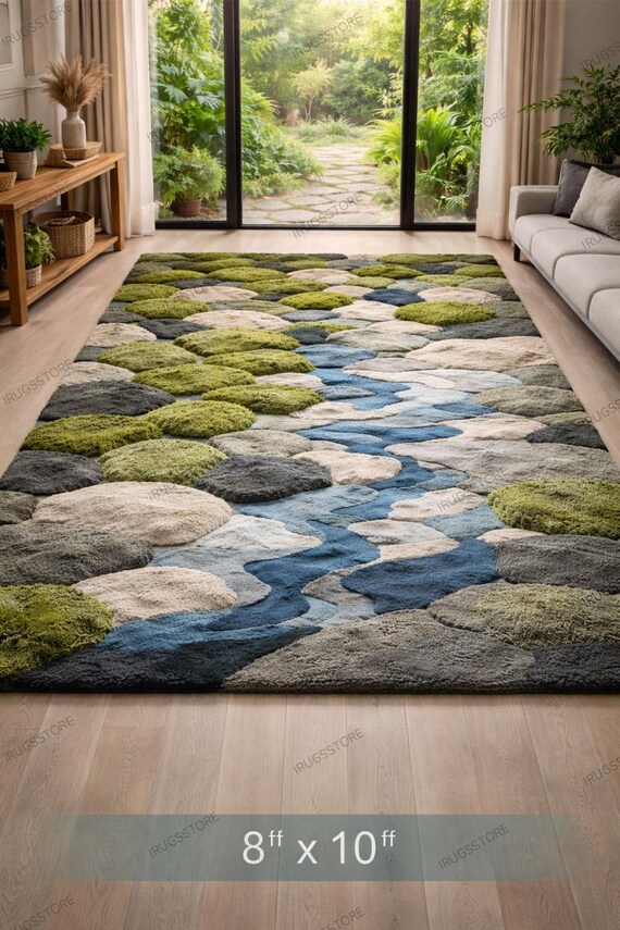 Moss Rug for Living Room, Stone Path Hand Tufted Rug, Organic Shape Textured Green Carpet, Nature Inspired Decor for Entryway hallway runner