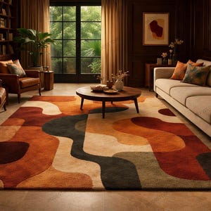 May include: A living room with a large area rug featuring an abstract design in shades of orange, brown, and cream. The room includes a beige sofa, leather armchairs, and a round coffee table. The rug's dimensions are approximately 244 x 305 cm.