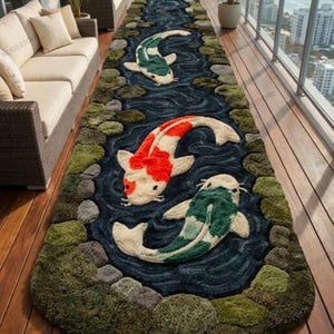 May include: A long, rectangular rug featuring a koi pond design. The rug has a dark blue background with three koi fish in red, white, and green. The edges are lined with green moss-like material and stone-like shapes.