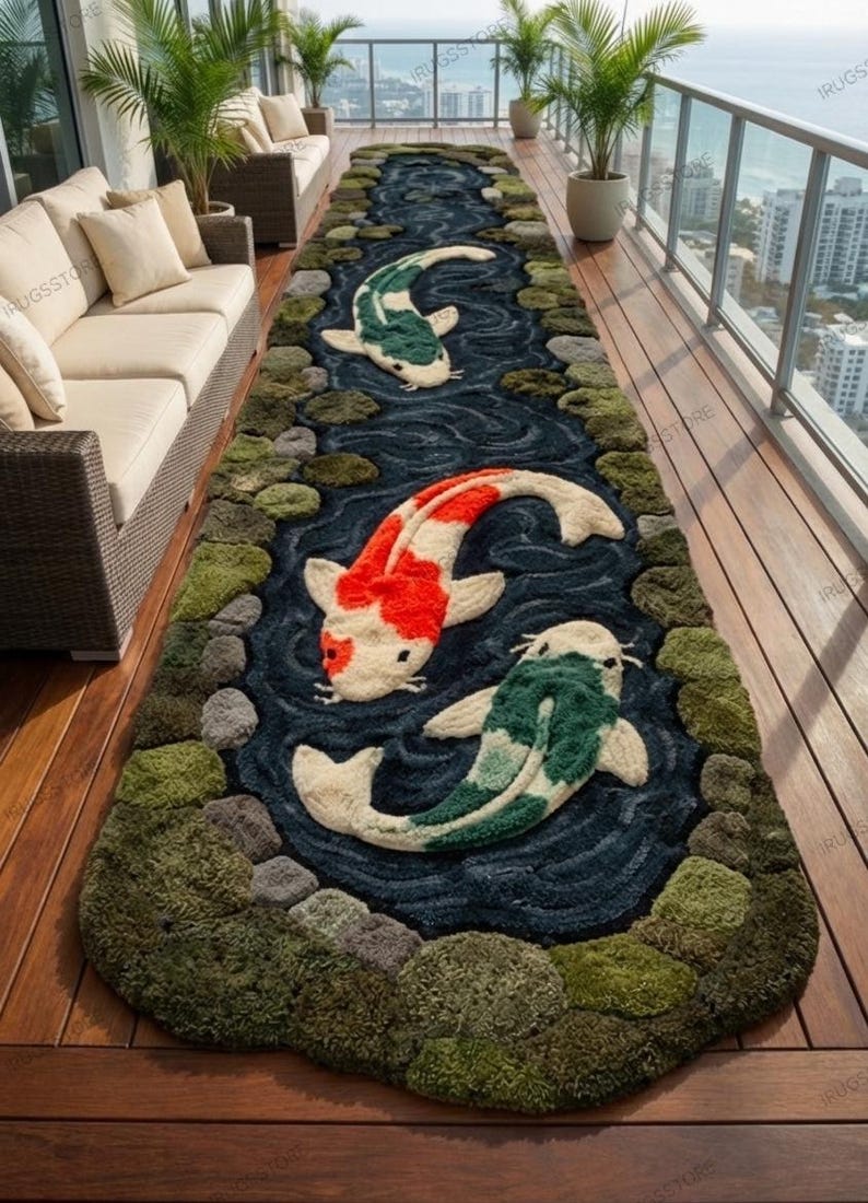 May include: A long, rectangular rug featuring a koi pond design. The rug has a dark blue background with three koi fish in red, white, and green. The edges are lined with green moss-like material and stone-like shapes.