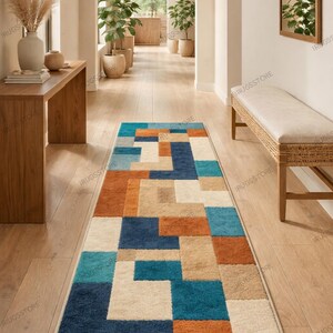 Abstract Patchwork Runner Rug: Colorful Modern Corridor, Contemporary Long Hallway, Geometric Pattern Art Carpet