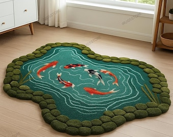 Modern Hand Tufted Koi Fish Rug, Organic Shape Wool Area Carpet | Colorful Tufted Carpets for Living Room, Bedroom & Meditation Space