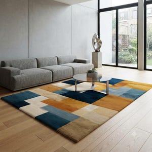 Retro Geometric Rug | Mid Century Modern Wool Tufted Carpet | Extra Large Rug | Handmade Shag Area Rug | Earthy Green Brown Cream Decor