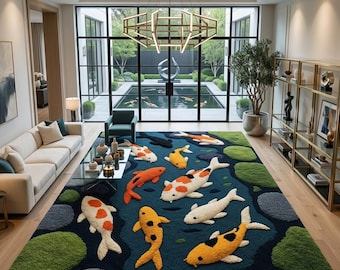 Alfombra artesanal con diseño de peces koi / Alfombra con diseño ondulado de estanque / Alfombra de arte zen japonés / Alfombras coloridas con mechones para sala de estar, dormitorio y espacio de meditación.