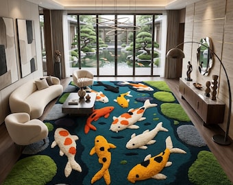Handmade Koi Fish Rug | Wavy Pond Design Carpet | Japanese Zen Art Rug | Colorful Tufted Carpets for Living Room, Bedroom & Meditation Space