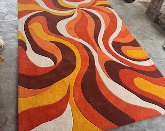 Mid Century Abstract Wave Rug | Retro Wavy Tufted Area Rug | Handmade Modern Living Room Carpet rug | 70s Style Wavy Tufted Rug
