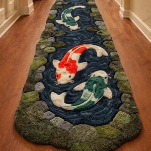 May include: A long, rectangular rug with a koi pond design. The rug features three koi fish in shades of red, green, and white, set against a blue water background. The edges are lined with green and gray stones, creating a naturalistic look.