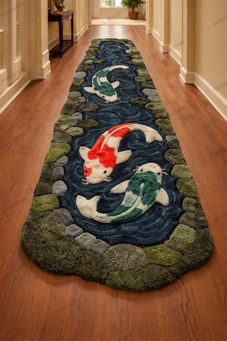 May include: A long, rectangular rug with a koi pond design. The rug features three koi fish in shades of red, green, and white, set against a blue water background. The edges are lined with green and gray stones, creating a naturalistic look.