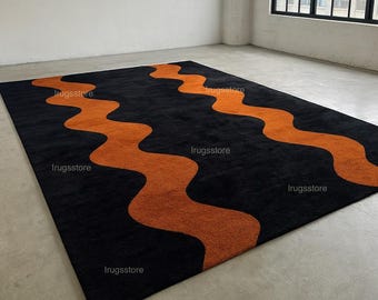 Black Orange Wave Rug | Modern Abstract | Hand Tufted Wool | Living Room Gift | personalized gift, rug for kids room