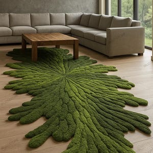 May include: An elongated, organic-shaped area rug in a deep forest green color. The rug features a textured, tufted surface with a radial pattern that mimics the appearance of a large, sprawling leaf or mossy growth, extending outward from a central point.