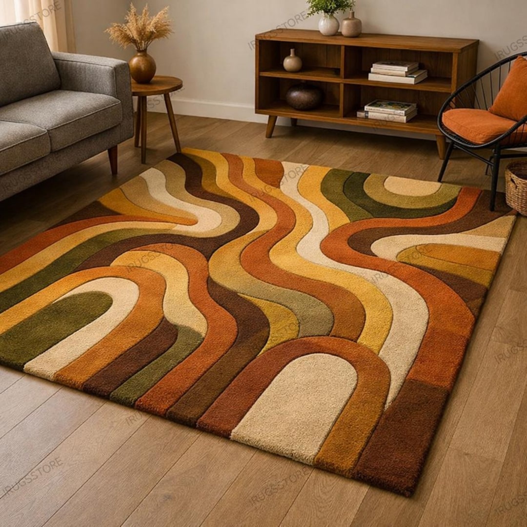 Retro Mid Century Shag 70s Rug for Living Room | Handmade Abstract Wave ...