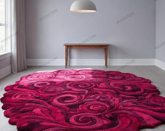 psychedelic Funky Swirl Hand Tufted Rug | Wavy Edge Colorful Modern Art Carpet | Bright Bold Living Room Accent Rug | Unique Shape Floor rug