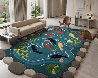 Koi Fish Pond Irregular Hand Tufted Wool Rug, Modern Textured Amoeba Shape Living Room Rug Nursery Indoor Area Rugs | anti slip koi fish rug