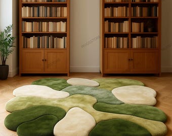 Moss Green Pebble Rug, Hand Tufted Wool Organic Shape Area Rug, Modern Nature Inspired High Pile Carpet for Living Room Bedroom Decor rug