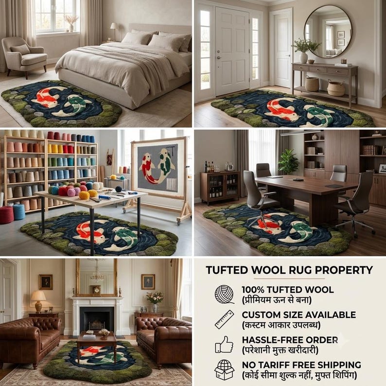May include: A tufted wool rug with a koi fish design. The rug features a pond scene with red, white, and green koi fish. The rug is surrounded by green and brown accents, and is displayed in various rooms.