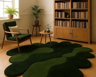 Modern Moss Green Abstract Rug – Organic Shape Tufted Area Rug for Living Room Decor Contemporary Green Blob Rug Minimalist Forest Green Rug
