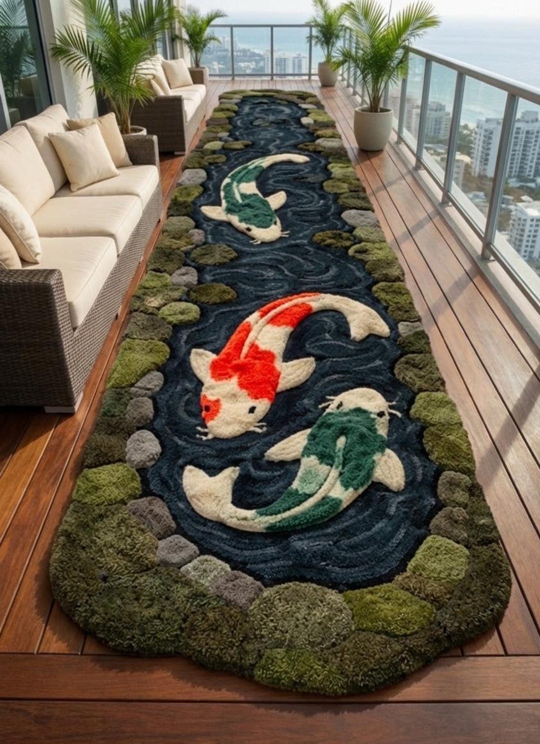 Hand Tufted Koi Fish Runner Rug | Japanese Pond Hallway Carpet | Blue ...