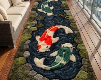 Hand Tufted Koi Fish Runner Rug | Japanese Pond Hallway Carpet | Blue Green Wool Runner | Entryway & Corridor Rug