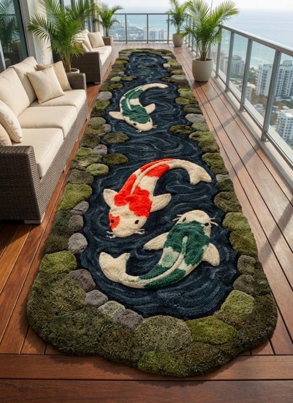 Hand Tufted Koi Fish Runner Rug | Japanese Pond Hallway Carpet | Blue Green Wool Runner | Entryway & Corridor Rug | koi fish pond runner rug