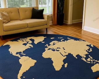 May include: A circular area rug featuring a world map design with a deep navy blue background and beige continents. The continents are rendered in a textured, raised pile that contrasts against the flat, dark blue surface of the ocean area.
