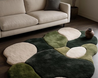 Moss Green Pebble Rug, Hand Tufted Wool Organic Shape Area Rug, Modern Nature Inspired High Pile Carpet for Living Room Bedroom Decor