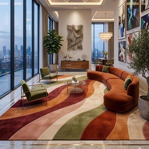 May include: A large area rug featuring a wavy, multi-colored pattern in shades of deep red, burnt orange, soft pink, and sage green. The rug is positioned in a living room with a curved orange sofa, two green armchairs, and a glass coffee table.