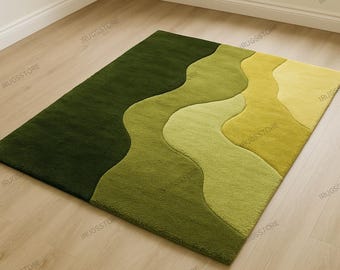 Green Abstract Wavy Rug | Hand-Tufted Wool Landscape Carpet