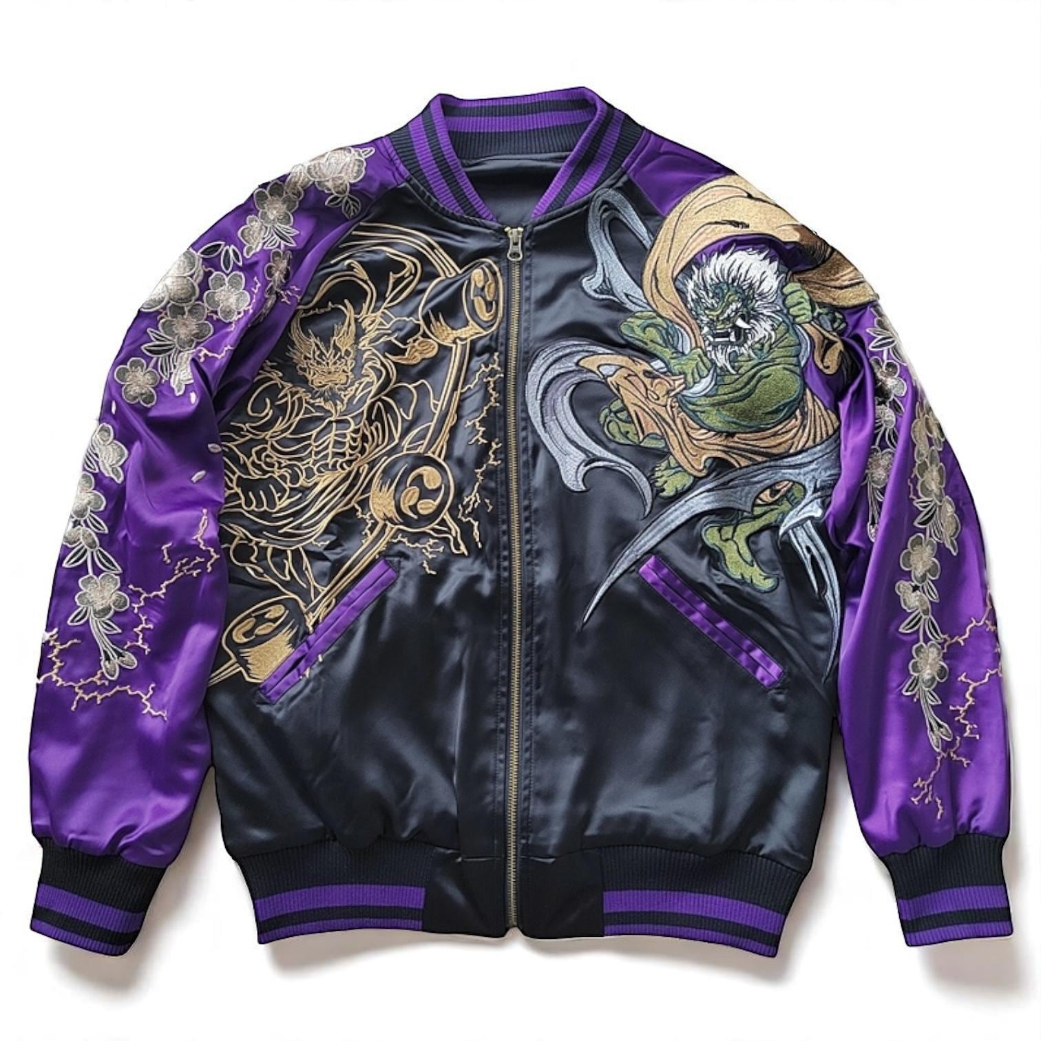 Embroidered Bomber Baseball Jacket Uniform Floral & Crane