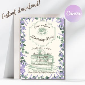 Birthday Party Invitation Editable Floral Invite Tea Party Customizable Template High Tea Canva Instant Download Digital Bridal shower