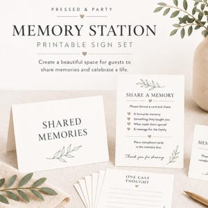 Puede incluir: Un conjunto de letreros imprimibles para estación de recuerdos que consta de tarjetas blancas con texto negro e ilustraciones de hojas verdes. El set incluye letreros etiquetados como Shared Memories, Share a Memory, Memory Box y One Last Thought.
