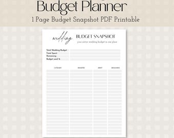 Wedding Budget Printable – One Page Wedding Budget Snapshot , Wedding Tracker, Wedding Checklist, Wedding Budget + Expense Tracker