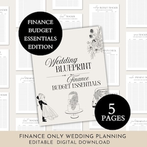 Puede incluir: Conjunto de plantillas imprimibles para la planificación financiera de bodas. La imagen central muestra "Wedding Blueprint Finance Budget Essentials" con ilustraciones de una pareja, una tarta y un coche. También incluye el texto "5 Pages" y "Finance Only Wedding Planning Editable Digital Download."