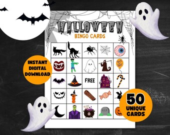 Halloween Bingo Game Printable 50 Halloween Cards Kids Halloween Bingo Classroom Halloween Kids Activity Halloween Work Party Bingo Cards