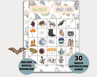 Halloween Bingo, 30 Halloween Bingo Cards, Halloween Games, Kids Halloween Party Game, Halloween Classroom Activity, Fall Halloween Activity