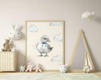 Watercolor Duck Boy Nursery Wall Art | Duck with Blue Bow and Cloud Background Print | Baby Room Decor | Whimsical Animal Poster