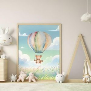 Aquarell Bär Heißluftballon Druck | Kinderzimmer Wand Kunst | Boho Babyzimmer Dekor | Skurriles Tier Poster | Baby-Dusche-Geschenk | Kinderzimmer