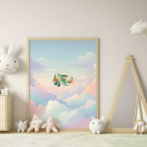 Vintage Aquarell Flugzeug Wandkunst | Poster Wolke Kinderzimmer | Boho Reise Poster | Babyzimmer Dekor | Luftfahrt-Babyparty-Geschenk | Himmel Thema