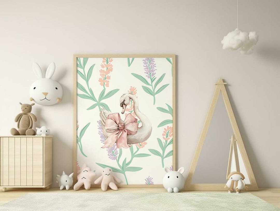 Watercolor Swan Nursery Wall Art | Swan With Pink Bow and Floral ...