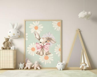 Floral Bunny Nursery Print | Watercolor Animal Art for Baby Room | Whimsical Wall Decor | Boho Bunny Poster | Baby Girl Room Decor