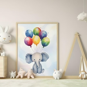 Aquarell Elefant Wandbild | Vintage Tierwandkunst mit Luftballons | Boho Babyzimmer Dekor | Genderneutrales Poster für das Kinderzimmer