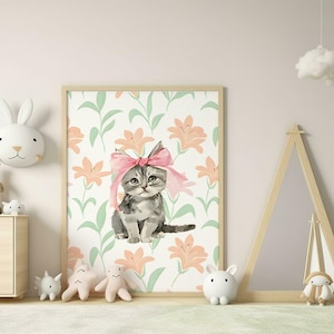 Floral Cat Nursery Print | Watercolor Animal Art for Baby Room | Whimsical Wall Decor | Boho Cat Poster | Girl Nursery Art