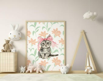 Floral Cat Nursery Print | Watercolor Animal Art for Baby Room | Whimsical Wall Decor | Boho Cat Poster | Girl Nursery Art