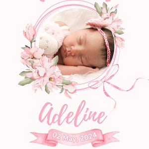 Anuncio de nacimiento de niña editable / Bienvenida imprimible / Póster floral rosa para recién nacida / Plantilla de Canva / Descarga instantánea