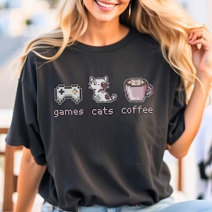 8-Bit Gaming Cat Coffee T-Shirt Retro Gamer Cat Tee Funny Pixel Cat Shirt Coffee Lover Gift Cat Mom Gamer Shirt Cute Nerdy Cat Graphic Tee