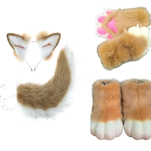 4PCS Anime Fursuit Hand Paws, Feet, Ears And Tail Set, Cosplay Furry Shoes, Paws With Claws, Furrysuit Ears And Tail